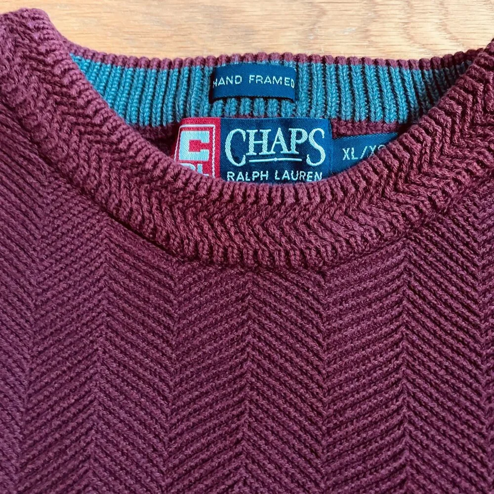 Vtg Chaps Ralph Lauren Herringbone Cotton Pullover Crewneck Sweater XL Burgundy
